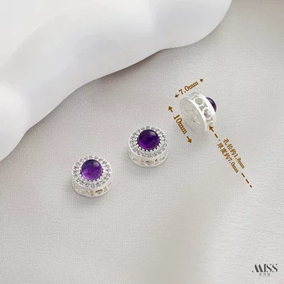 Zərgərlik ara hissələri decorative bead pendant DIY jewelry accessories - silver-natural-amethyst-round-zircon-spacer-bead-1-piece
