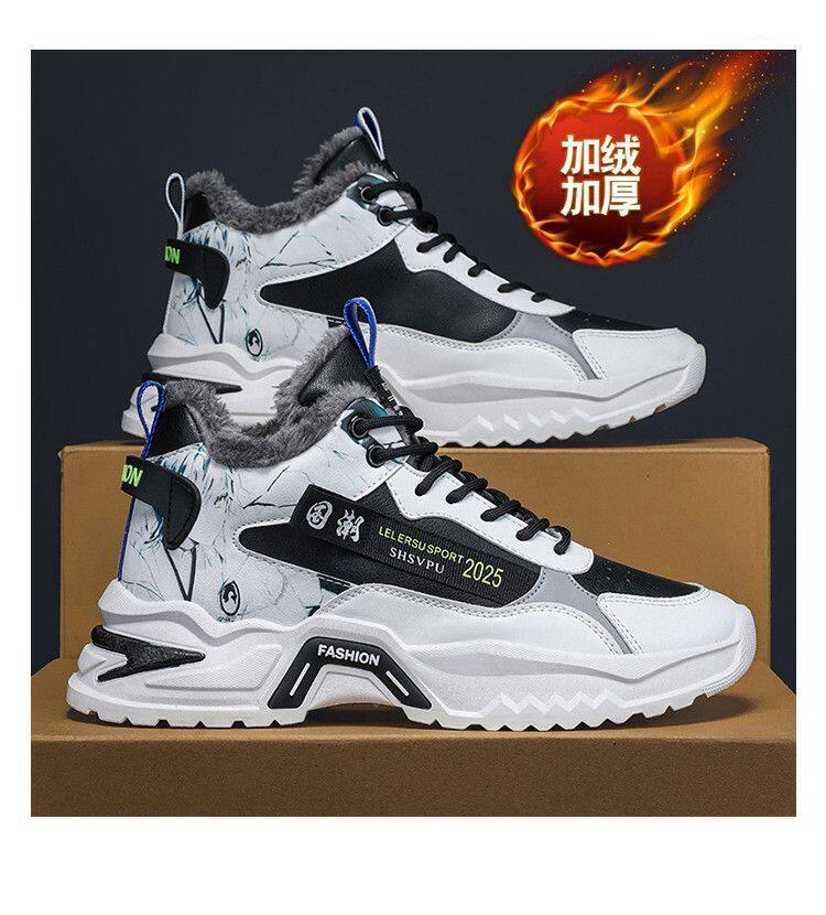 Giày nam cao cổ lót lông giữ ấm, giày thể thao casual thắt dây mũi tròn — A760-1 lót nhung trắng xanh lam, A760-1 lót nhung trắng đen chi tiết 19