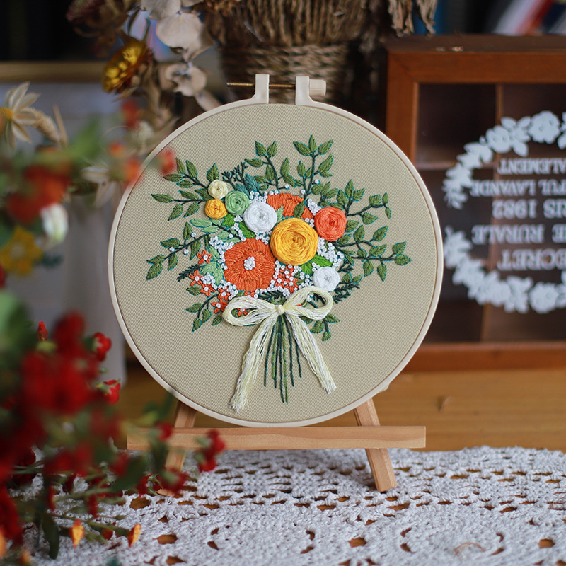 Original-nuevo bordado DIY flor hecha a mano paquete de material de tela fábrica creativa en stock incluido tutorial