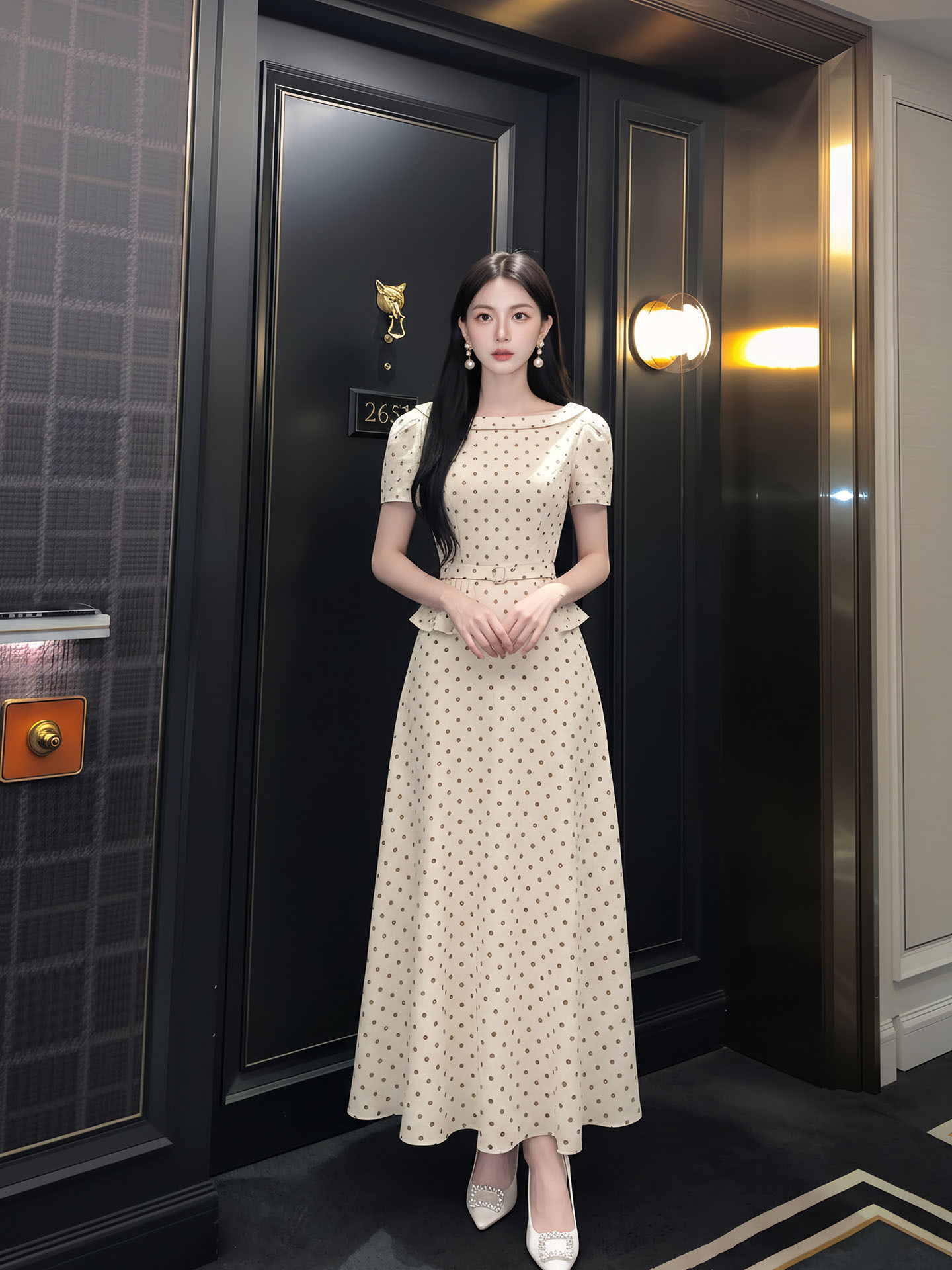 Bộ váy áo hai dây phối chân váy chấm bi phong cách Pháp, eo thon gọn — Trang chủ, bộ đồ, nửa váy