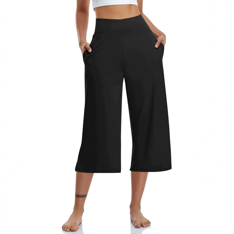 Cross-Border European and American High-Waisted Wide-Leg Yoga Capri Pants for Women with Pockets, Loose-Fitting Sports Pants, Casual Fitness Straight-Leg Pants