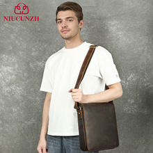 新款外贸大容量疯马皮斜挎包方形真皮休闲复古单肩包商务高档男包