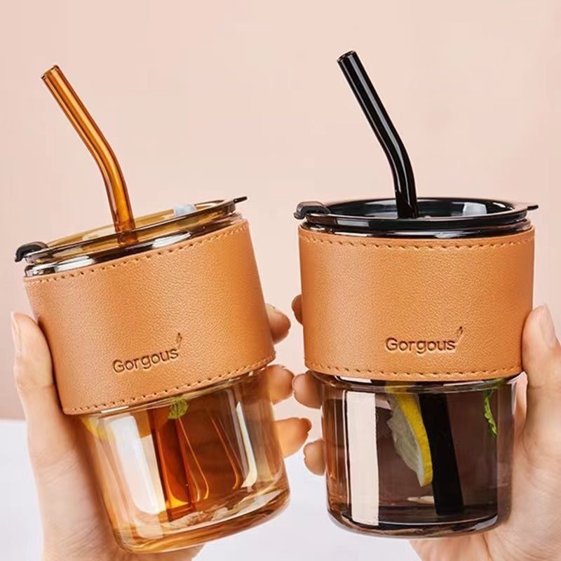 Copo de bambu moderno com canudo para café da manhã, leite, café, copo de vidro espesso, copo de água portátil