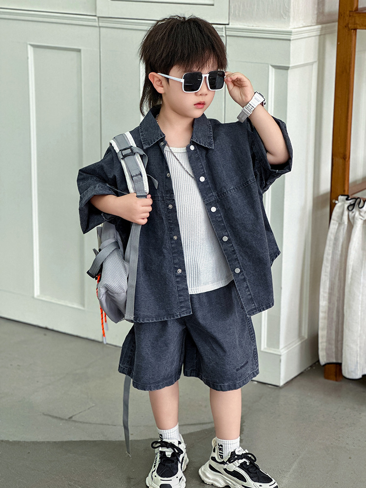 7364 traje de manga corta para niños verano 2025 nuevo estilo estilo occidental ropa para niños coreanos camisa de verano de dos piezas verano