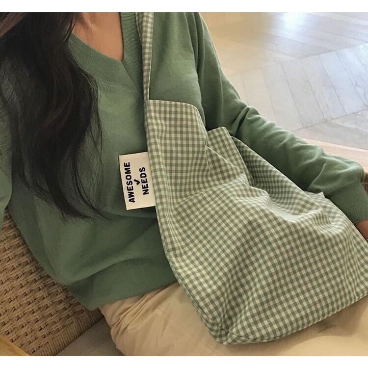 New Korean niche designer Che Jeong-won's large-capacity plaid bag/canvas tote bag, a trendy shopping bag for women