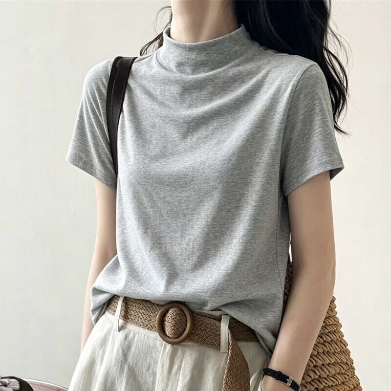 Simple and Chic Gray Straight-Shoulder Half-High Collar Pure Cotton Short-Sleeve T-Shirt for Women, Summer Outerwear, Loose Half-Sleeve Base Shirt Top