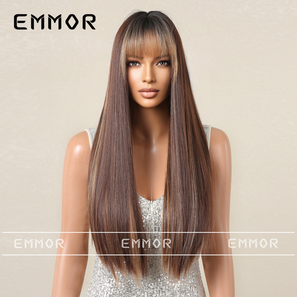 Shein nuevo europeo y americano Peluca de las mujeres de pelo largo flequillo recto pelo temperamento diosa natural moda peluca cabeza cubierta