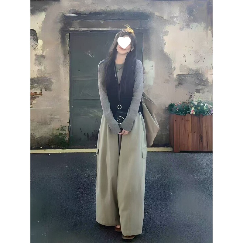 Women's 2025 Autumn New Korean Style Long Sleeve Knitted Top Halter Neck Camisole Cargo Casual Pants Three-Piece Set