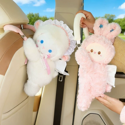 Car-mounted plush tissue box cute bear and rabbit car interior accessory tissue cover cartoon creative decoration