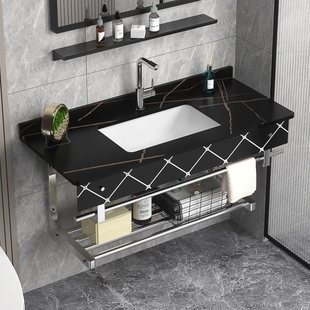 7W Slate Countertop Ceramic Washbasin Small Apartment Stainless Steel Combination Bathroom Cabinet Bathroom Balcony Hanging