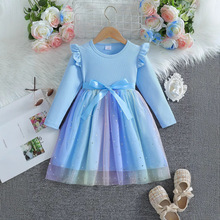 外贸跨境女童长袖蝴蝶结连衣裙2024秋季新款儿童时髦网纱裙公主裙