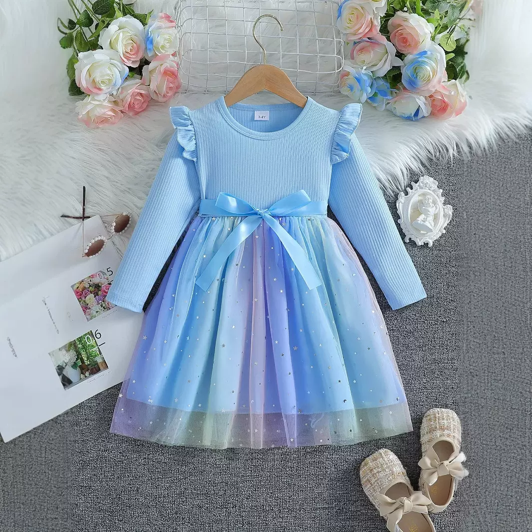 外贸跨境女童长袖蝴蝶结连衣裙2024秋季新款儿童时髦网纱裙公主裙