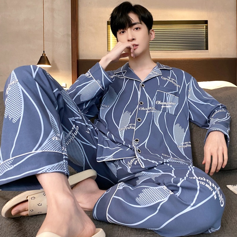 Pijamas de los hombres de primavera y otoño 100% algodón pantalones de manga larga delgada más tamaño de los hombres de alto grado traje de desgaste para el hogar