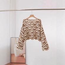 2025早秋新款复古波浪纹钩花镂空针织衫 女短款喇叭袖拼色宽松外