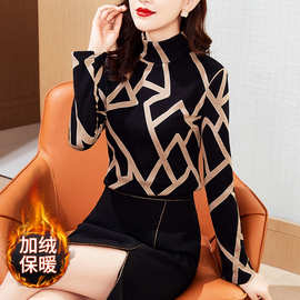 工厂直销 加绒打底衫女2023秋冬加厚保暖半高领印花弹力棉上衣潮