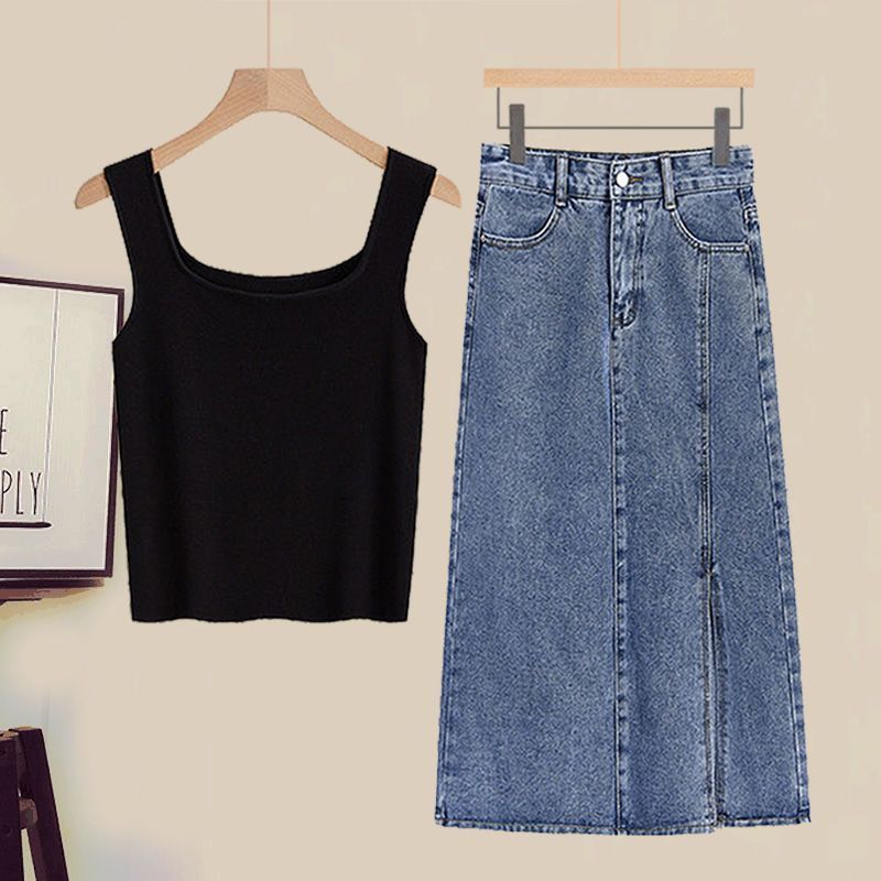 Damenbekleidung Stylisches Hemd Camisole Weste Schmaler Jeansrock Übergröße Damen Herbst-Outfit-Set - Stylisches Hemd, Tanktop & Jeansrock 3-teiliges Set_voghion.com