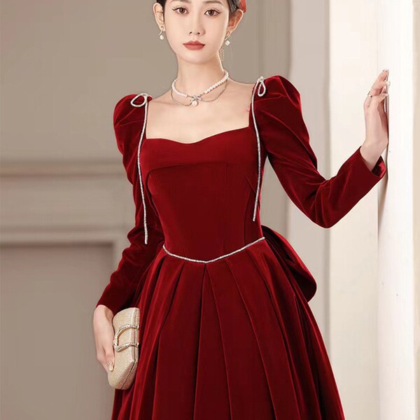 Burgundy velvet evening dress