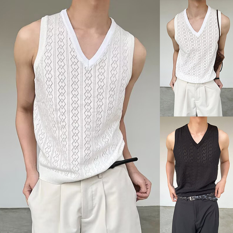 Sleeveless Knit Vest with Hollow Design for Men, V-Neck, Ice Silk, Breathable, Summer Muscle Shirt, Wholesale from Cross-Border Factory