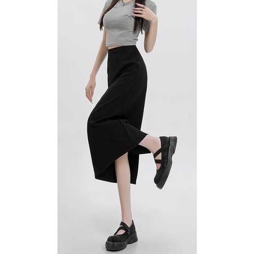 Women's High-Waisted Straight Leg Black Pencil Skirt with Side Slit, Summer Semi-Long Skirt, Thin Version