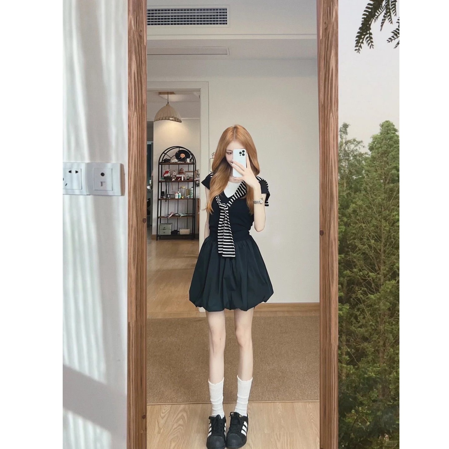 甜美少女感假两件连衣裙女夏收腰拼接针织配坎肩短袖字披肩短裙