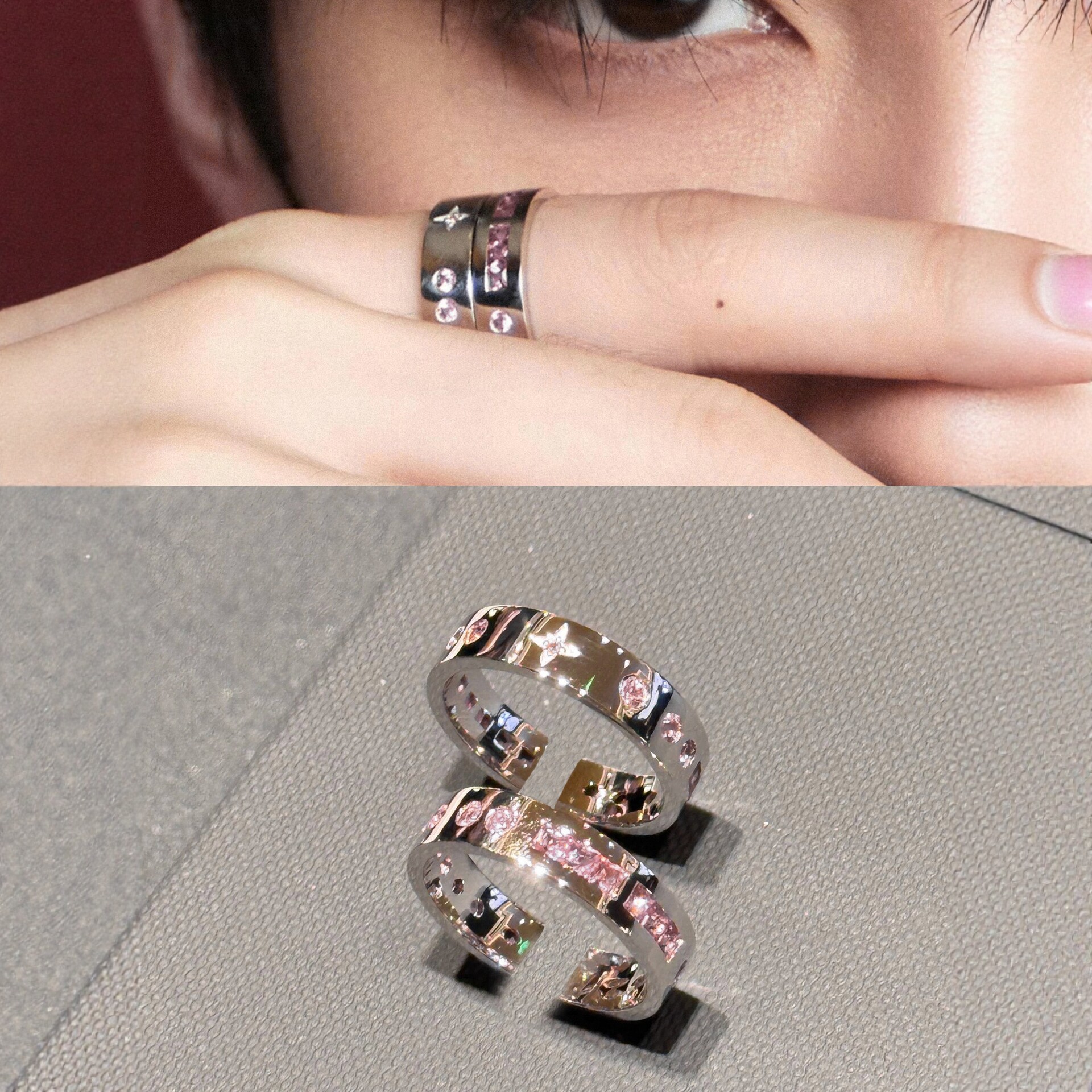Zhou Yiran's Same Style Pink Zircon Ring, Unique Morse Code Design for Men and Women, Couple's Adjustable Ring