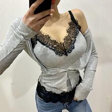 韩国代购正品 YJ330亲肤百搭~性感显胸蕾丝吊带背心+开衫两件套