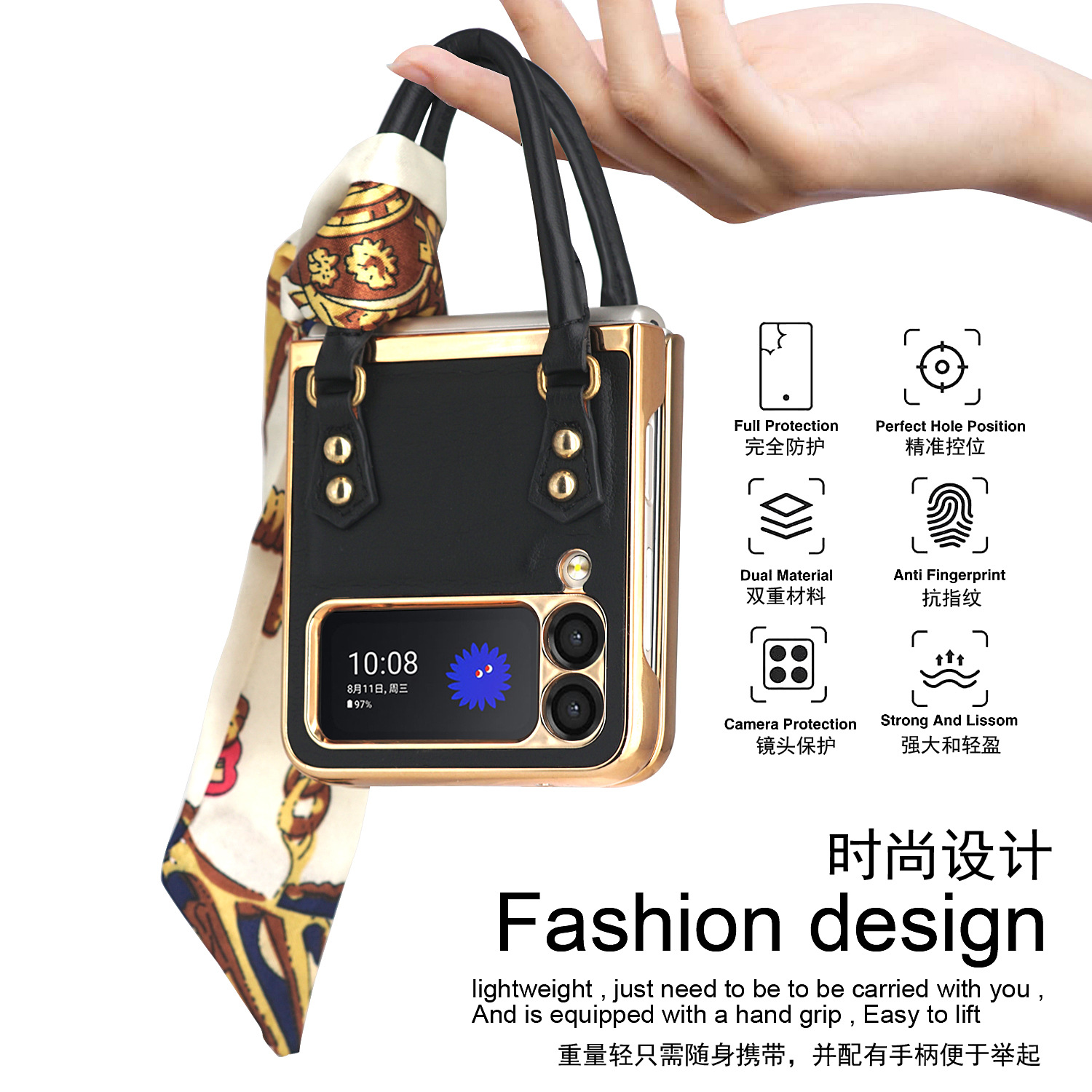 厂家直供适用Galaxy Zflip 3折叠手机时尚丝巾手提全包防摔保护壳