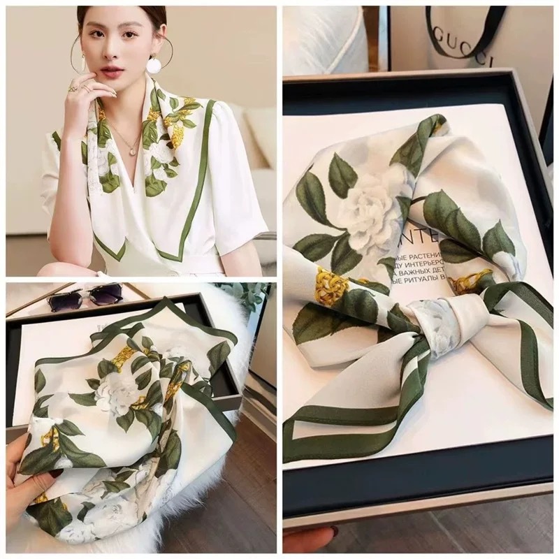 Primavera pequeña bufandas de seda ~ primavera y verano fresca sensación de reducción de la edad de las niñas coreanas pequeñas bufandas de seda de lujo ligero mujeres versátiles
