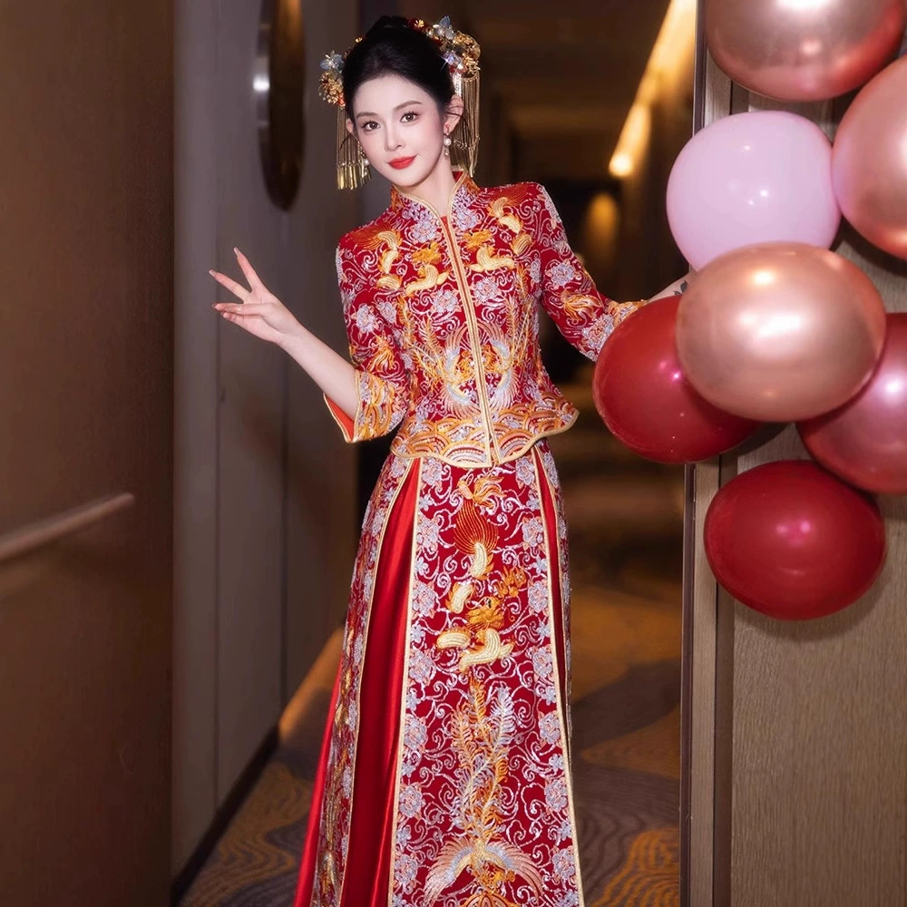 Тяжелое бархатное свадебное платье Сюхэ 2025 года, новая модель, в китайском стиле, с узором дракон и феникс, для торжеств и свадебных церемоний.