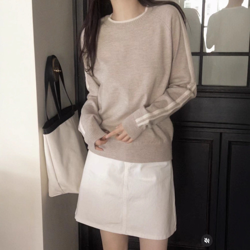 早秋韩国东大门Slowand圆领套头条纹边针织衫女撞色宽松毛衣薄款|undefined