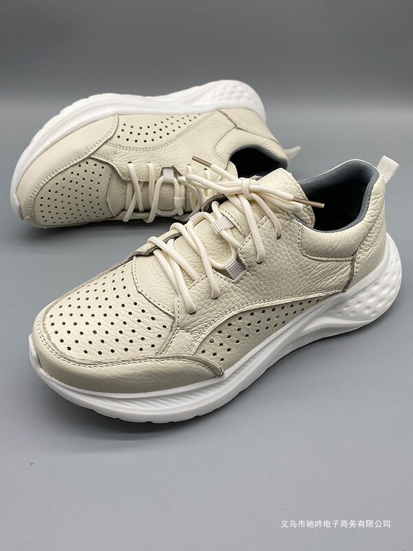 Genuine Cowhide Breathable Perforated Men's Shoes Casual Sports Soft Sole Hollow Walking Lightweight Hiking Shoes Spring and Summer Dad Shoes