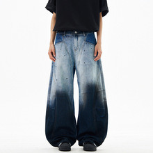 美式水洗泼墨弯刀牛仔裤男女宽松直筒cleanfit阔腿镰刀休闲裤夏天