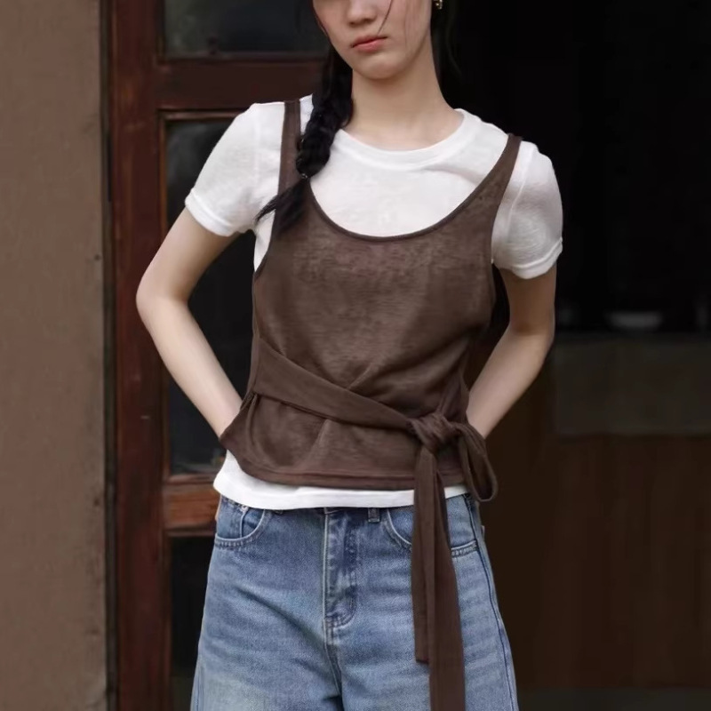 2026Ss French Designer Style Elegant Top for Women, Summer Slim Fit White Faux Two-Piece Short-Sleeve T-Shirt