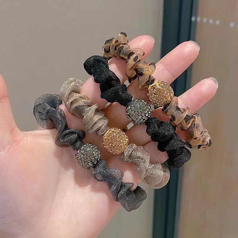 Europe and the United States cross-border hair ring net red large intestine ring temperament leopard head rope sense rhinestone high elastic hair rope wholesale