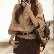 女秋季中古棕色针织上衣斗篷宽松中袖毛衣外套