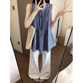 通勤休闲设计感撞色格子系带无袖背心女夏季小众减龄百搭chic上衣