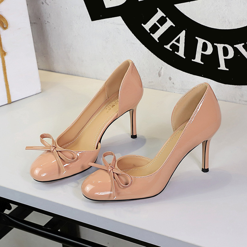 2617-H150 French-style sweet bow-decorated round-toe shallow side-cutout slip-on stiletto high-heeled women's shoes