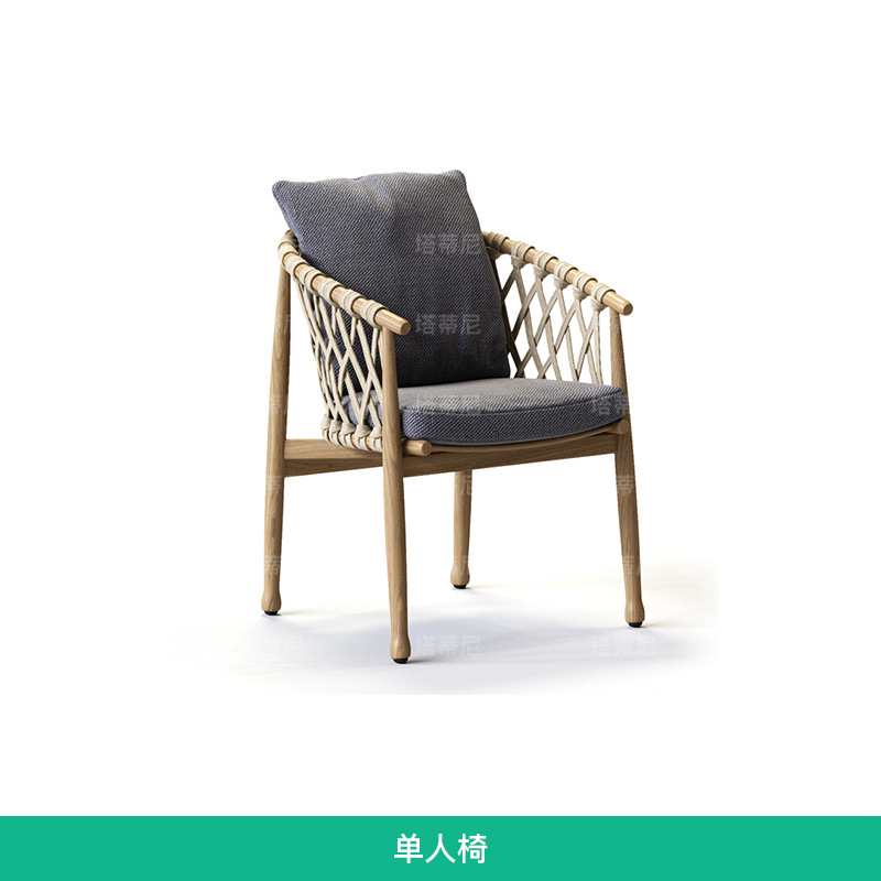 Mesas y sillas de teca para exteriores de villa, mesa larga de madera anticorrosión de diseño de alta gama para patio, jardín y hotel, con tejido de cuerda.