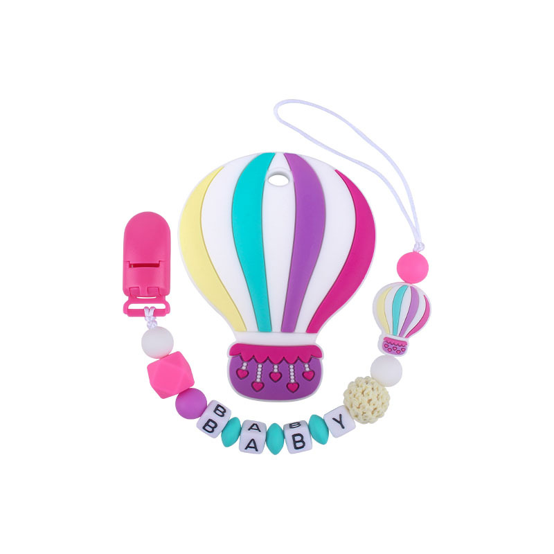 Bebé de dibujos animados de color globo de aire caliente de silicona teether personalizable nombre del bebé pezón anti-caída cadena teether traje