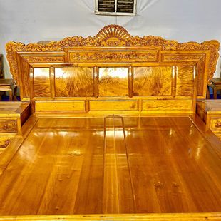 Gold-rimmed nanmu high and low bed lobular zhennan big bed bedroom water ripple high and low crown double bed wholesale real classical