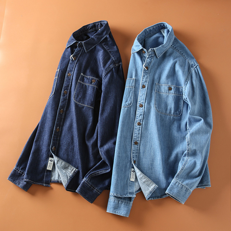 Retro denimskjorte til mænd løs pasform forår og efterår_voghion.com