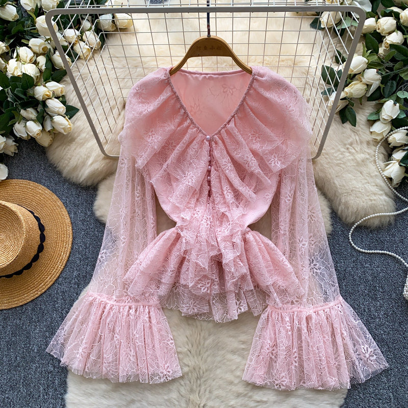 French romantic style lace ruffle V-neck bell-sleeve top with a high-end feel for women, chic and slimming for autumn 2026