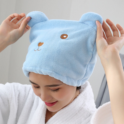 Cartoon bear thickened coral velvet dry hair cap, fine fiber strong water absorption and quick drying turban wholesale delivery