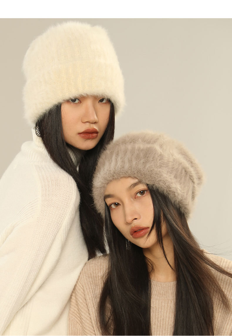New Hot Selling Little Rabbit Hair Knitted Hat for Women in Autumn and Winter, White Big Headed Knitted Hat, Giant Woolen Hat, Plush Cold Hat for Men_voghion.com