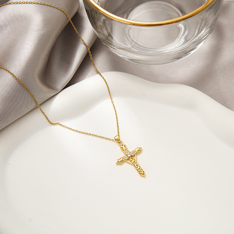 Daily Occasion Fashion Cross Stainless Steel Inlay Zircon Necklace
