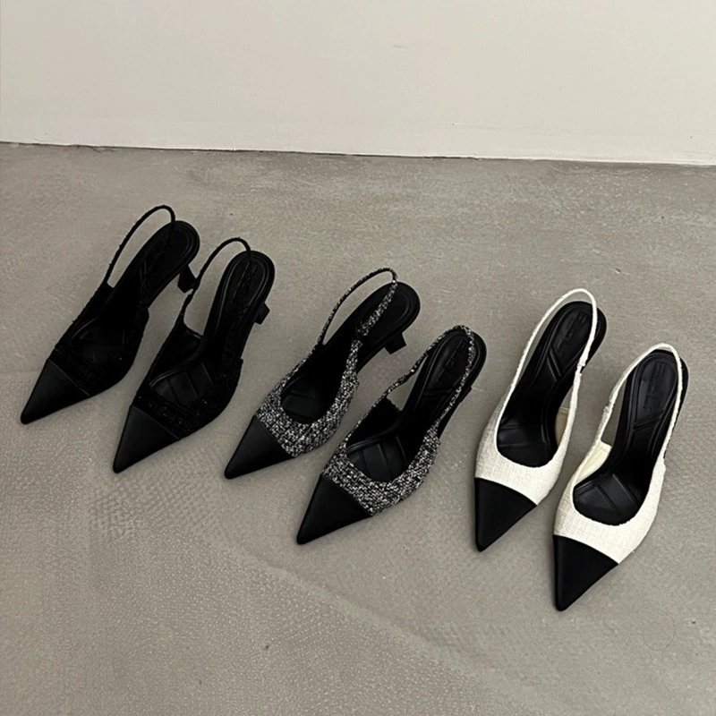 Slingback Pointed-Toe Heels, Women's Summer High Heels, Pointy Toe Sling, Black/White