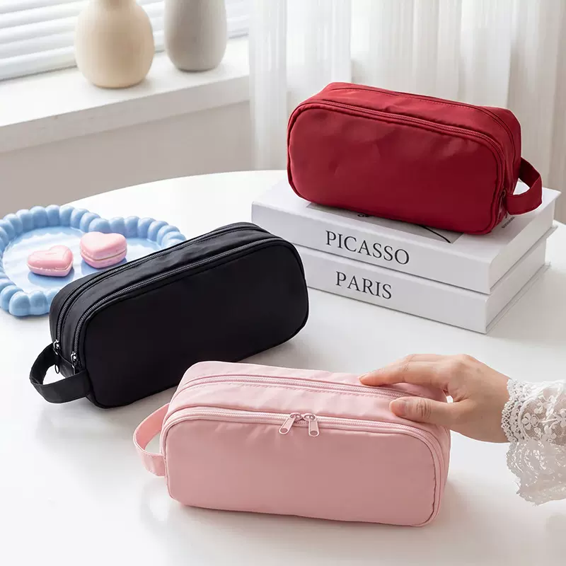 简约休闲纯色尼龙双层手提笔袋立体大容量多功能学生多功能收纳包