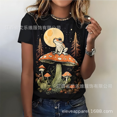 有趣的印花T恤植物图案3D打印女性休闲短袖蘑菇元素圆领T恤女上衣|undefined