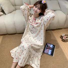 甜美波点睡裙女春秋季新款睡衣可爱卡通kt猫宽松可外穿长袖家居服