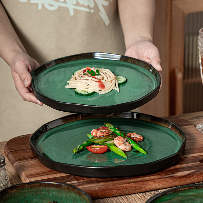 Manufacturer Wholesale Retro Green Ceramic Tableware Kiln Glaze Craft Plate Steak Plate Western Food Plate Pasta Plate